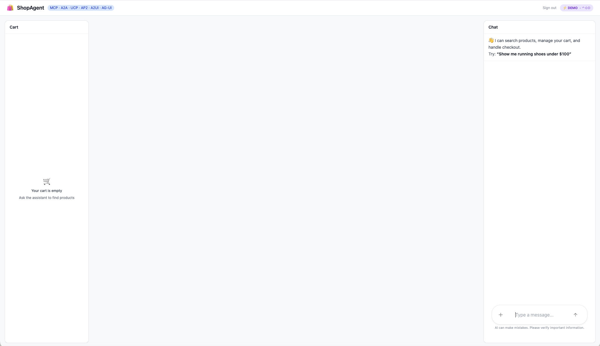 Three-panel layout &mdash; cart, product grid, and AI chat sidebar