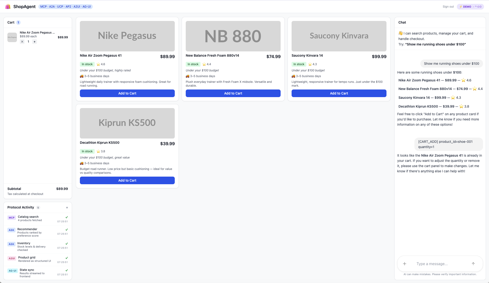 Add to cart with real-time subtotal and protocol activity log