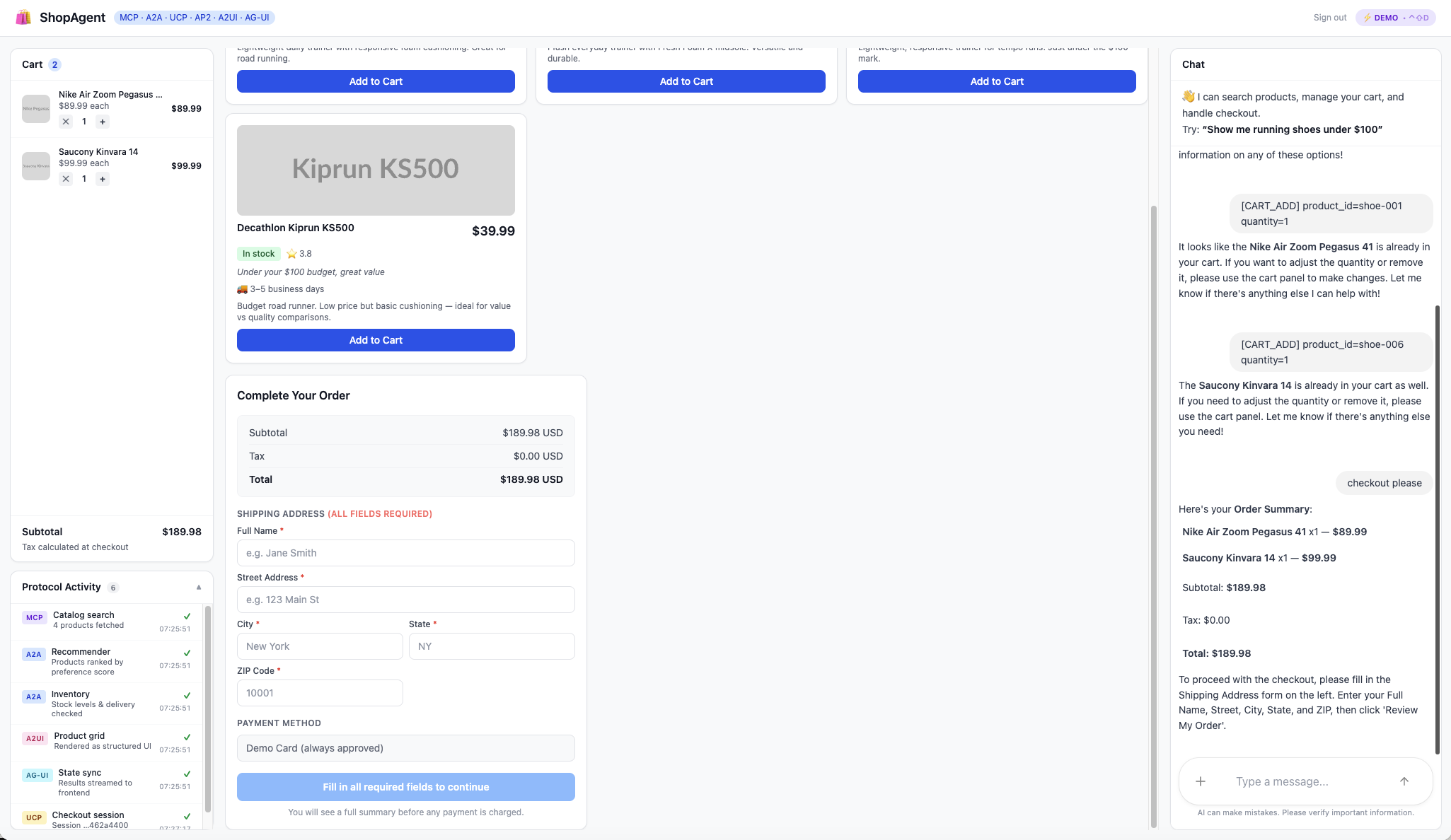 UCP checkout session &mdash; order summary, shipping address, and payment