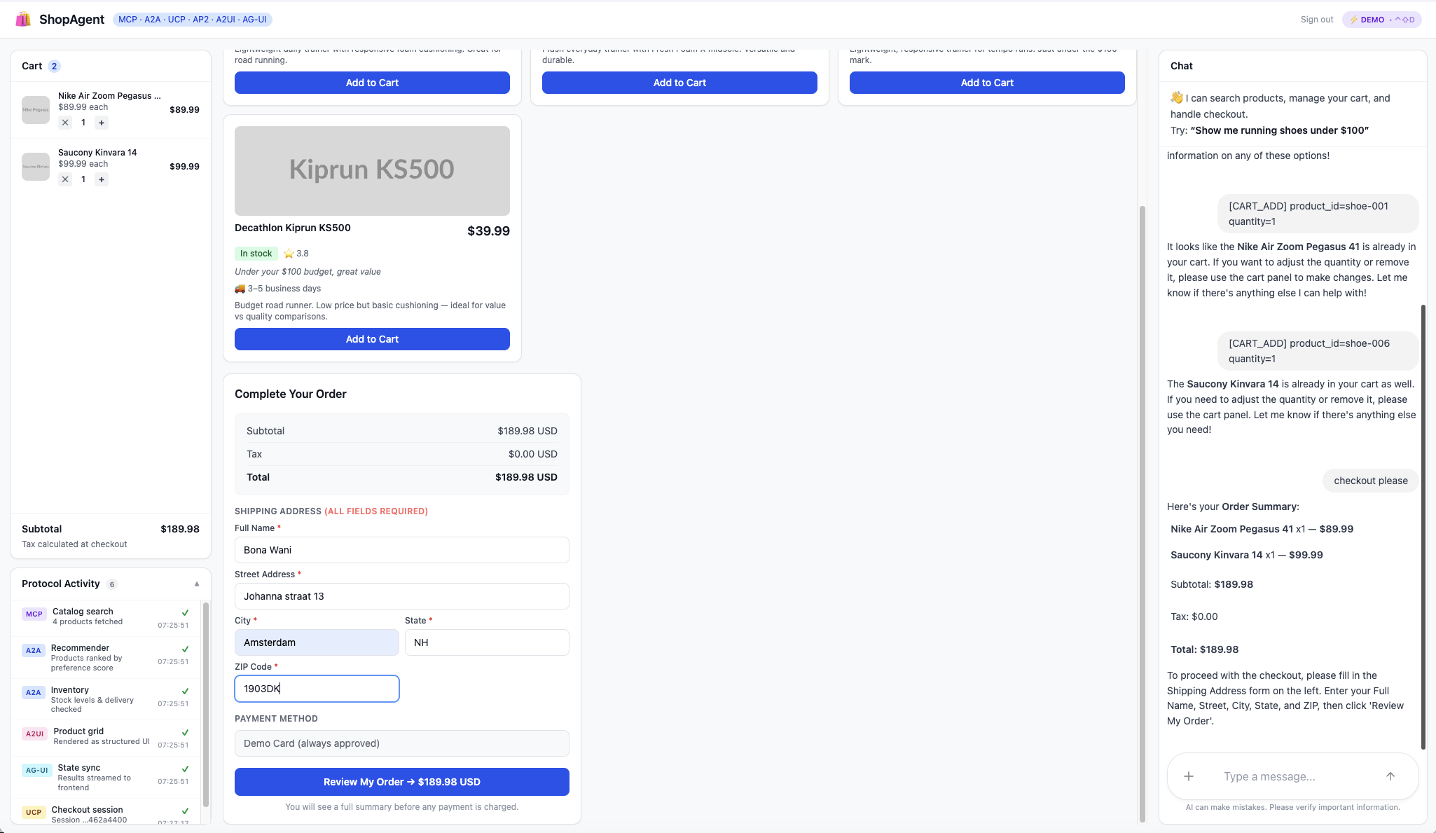 Completed checkout form ready for order review