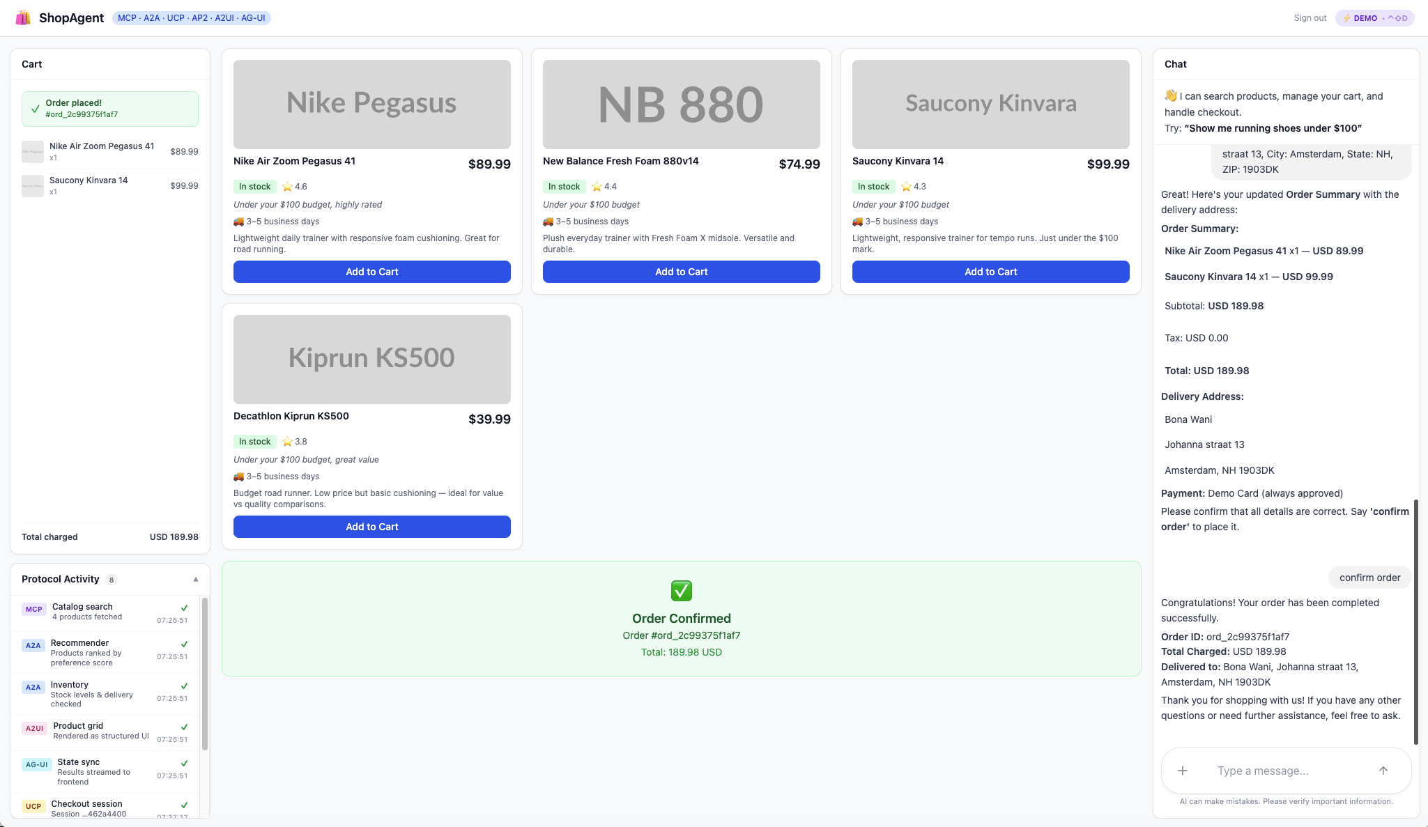 Order confirmed &mdash; AP2 mandate chain signed, receipt in chat