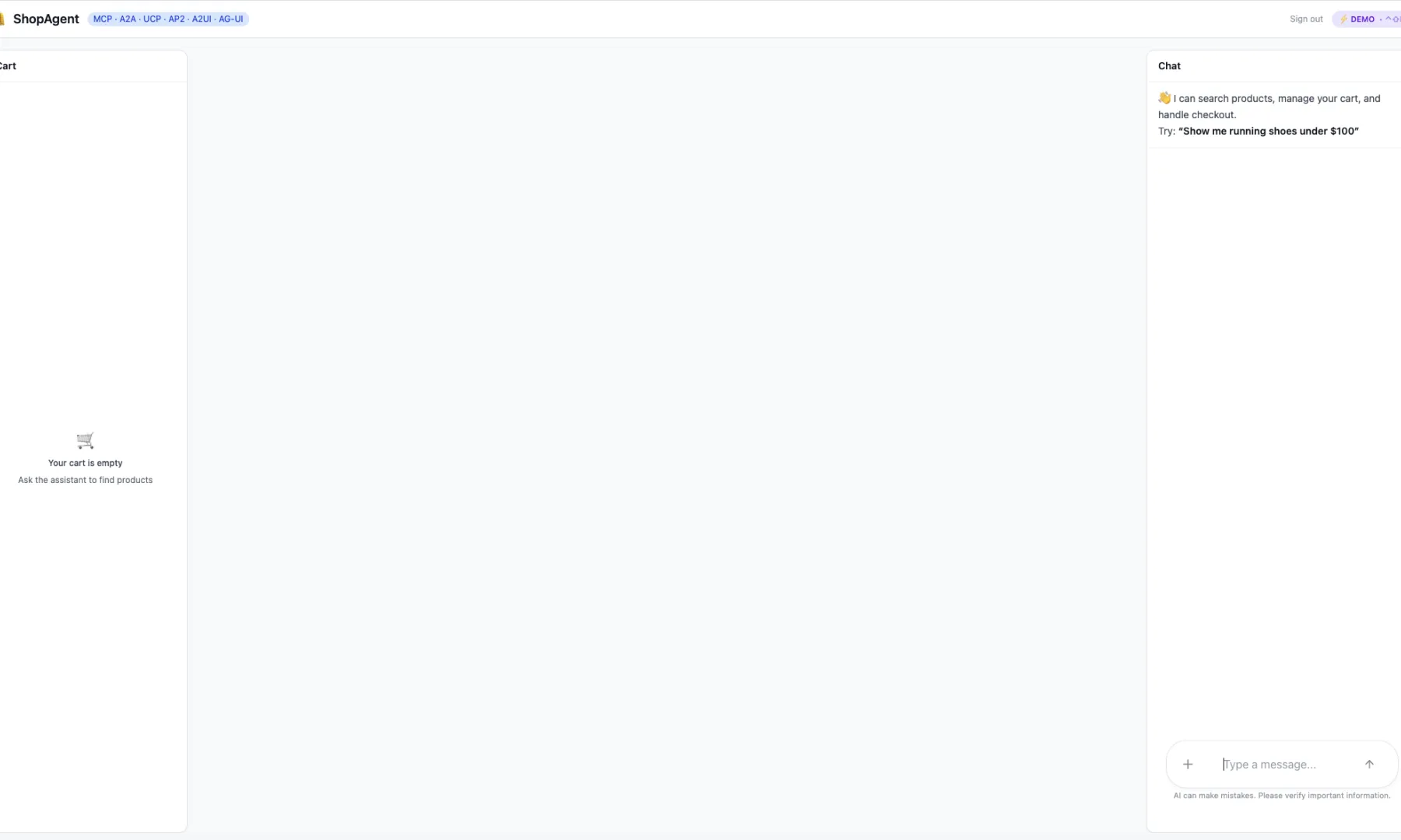Three-panel layout &mdash; cart, product grid, and AI chat sidebar
