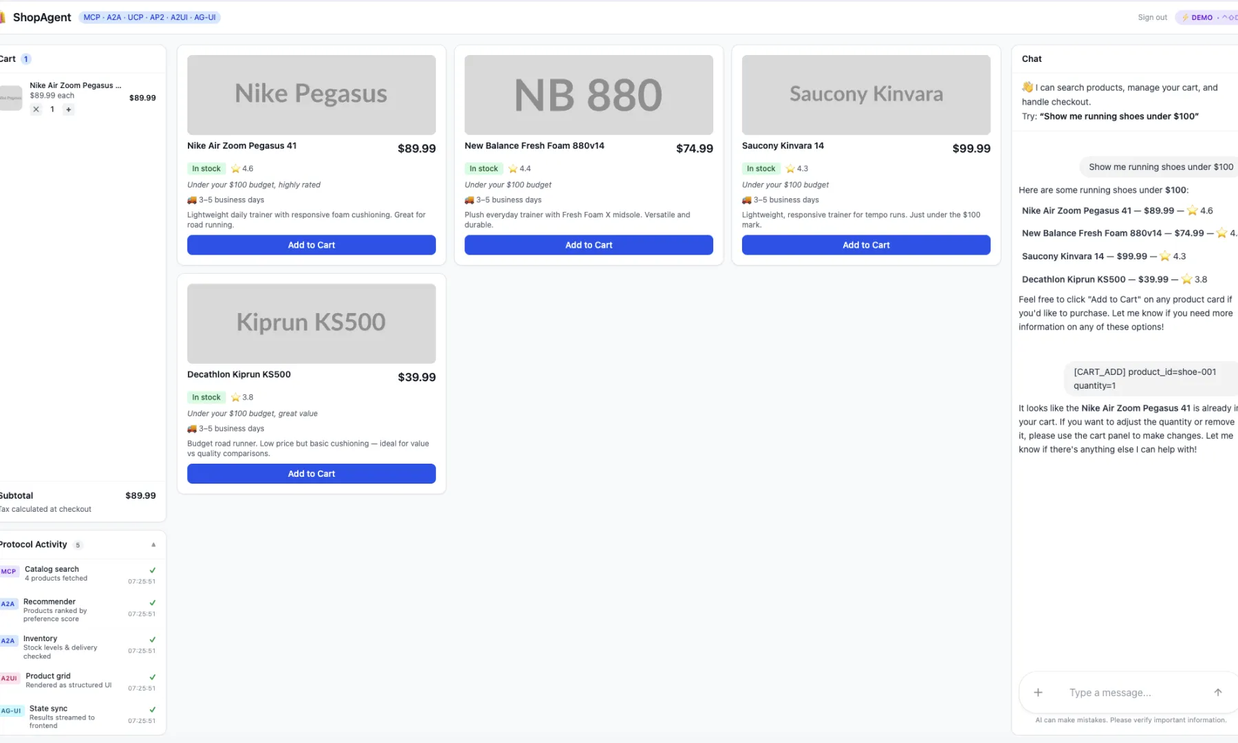 Add to cart with real-time subtotal and protocol activity log