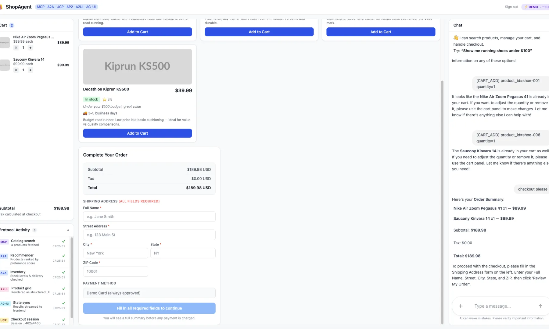 UCP checkout session &mdash; order summary, shipping address, and payment
