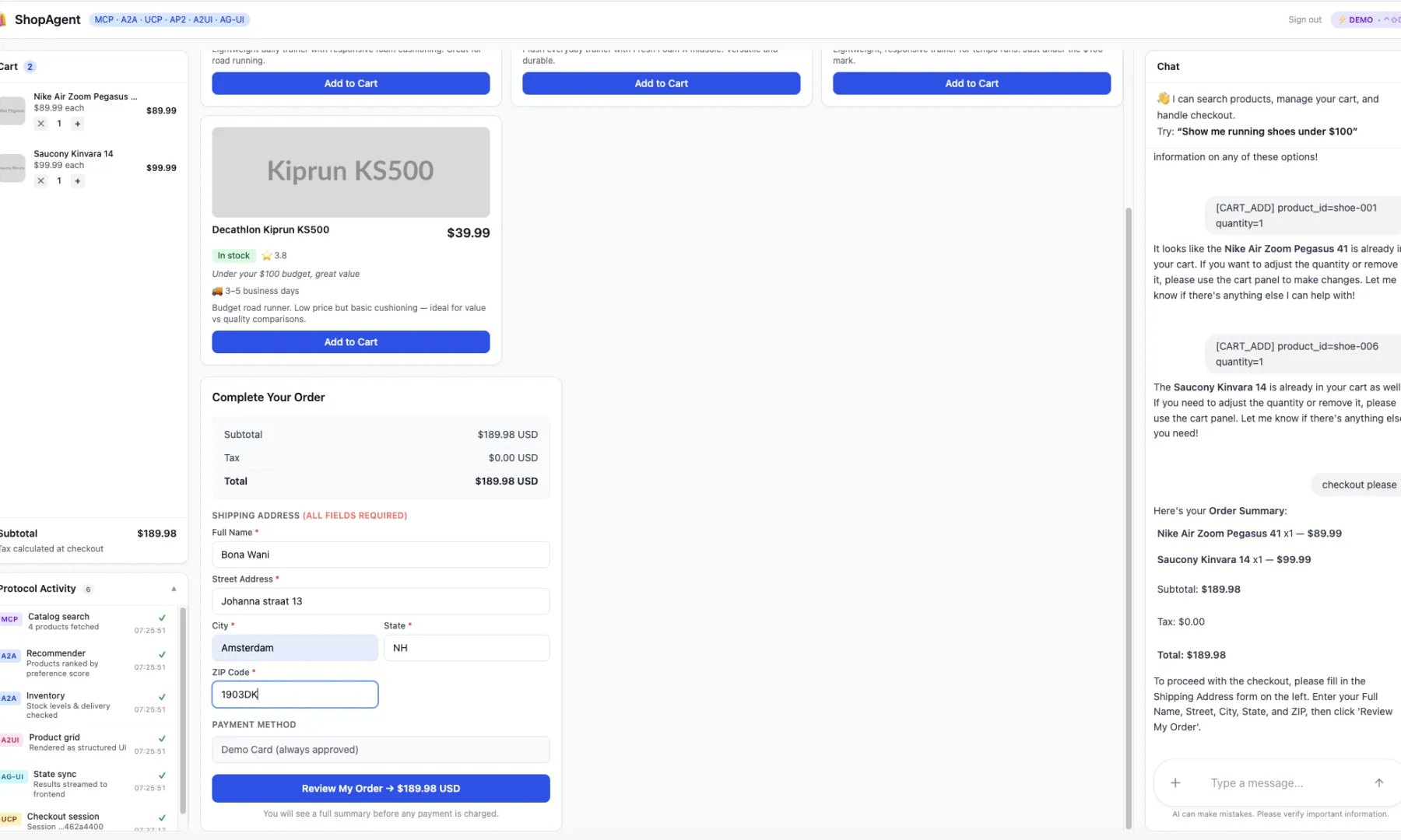 Completed checkout form ready for order review