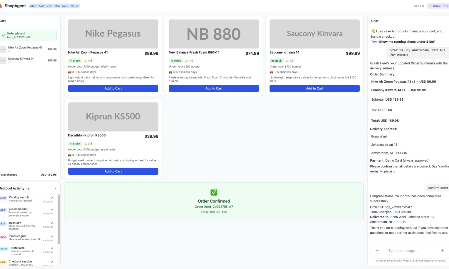 Order confirmed &mdash; AP2 mandate chain signed, receipt in chat