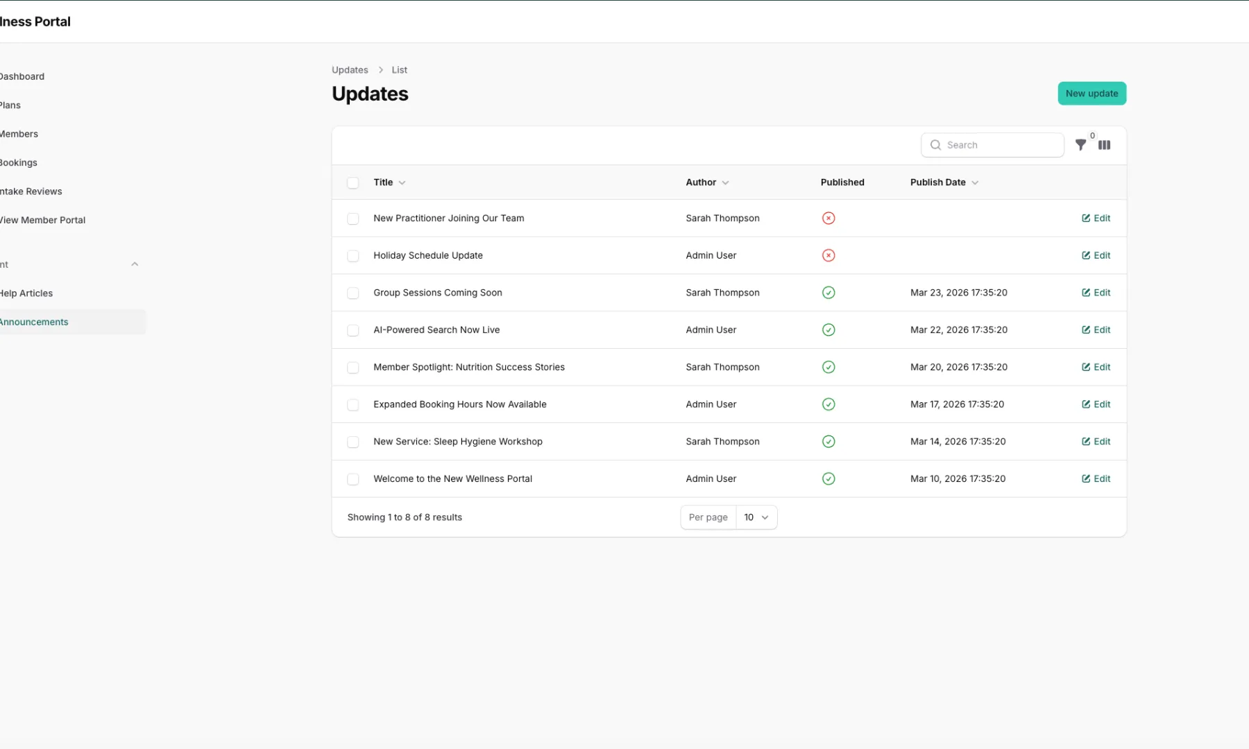 Staff announcements list
